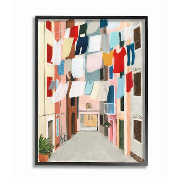 Stupell Industries 24 in. x 30 in. "Colorful Laundry Day Clothes Line Between Apartments" by Grace Popp Framed Wall Art