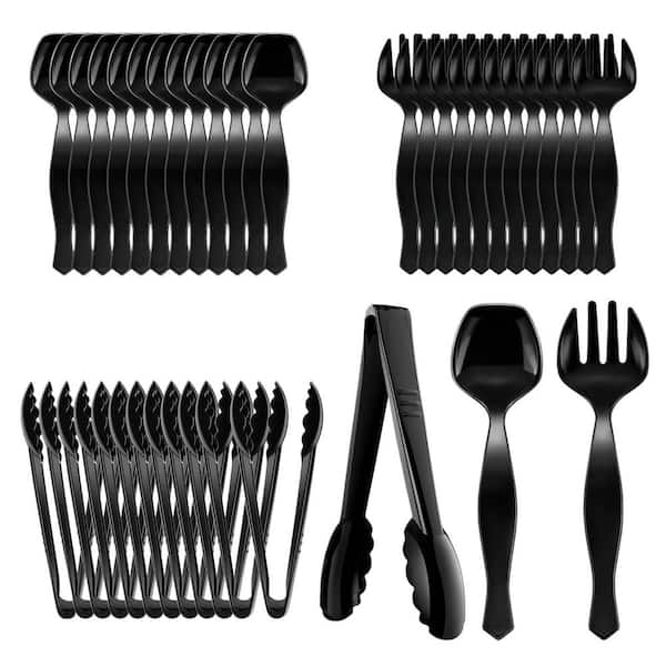 36Pcs Plastic Serving Utensils Set Include Spoons, Forks and Tongs, Heavy Duty Black Large Party Utensils, Disposable