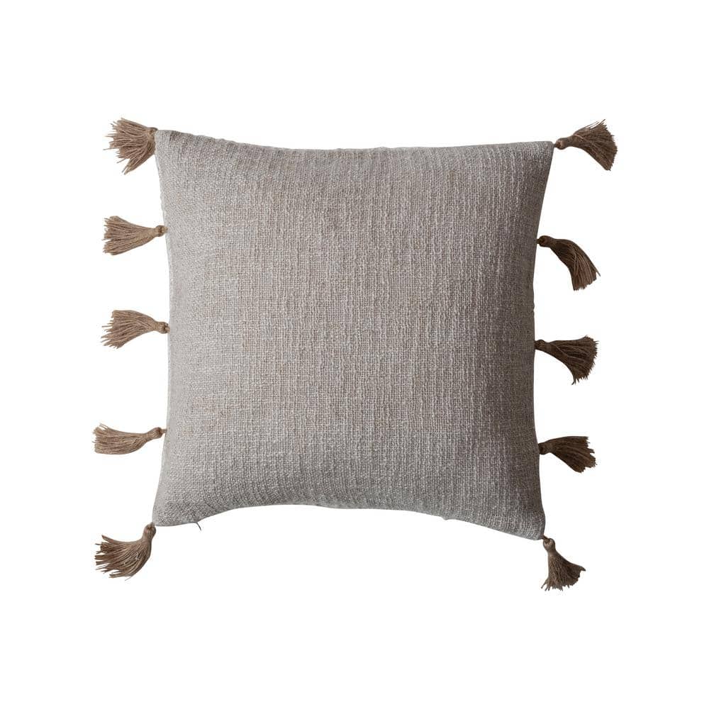 Natural Cotton Linen Blend Square Pillow with Jute Tassels