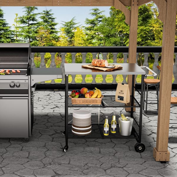 3- Shelf Stainless Steel Foldable Outdoor Grill Cart Indoor Prep Table with 4-Wheels (31.5 in. W x 23.6 in. D)