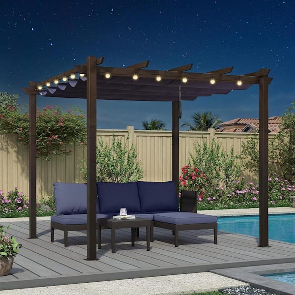 PURPLE LEAF 10 ft. x 10 ft. Bronze Aluminum Frame Morden Pergola with Navy Blue Retractable Sun Shade Canopy and String Lights