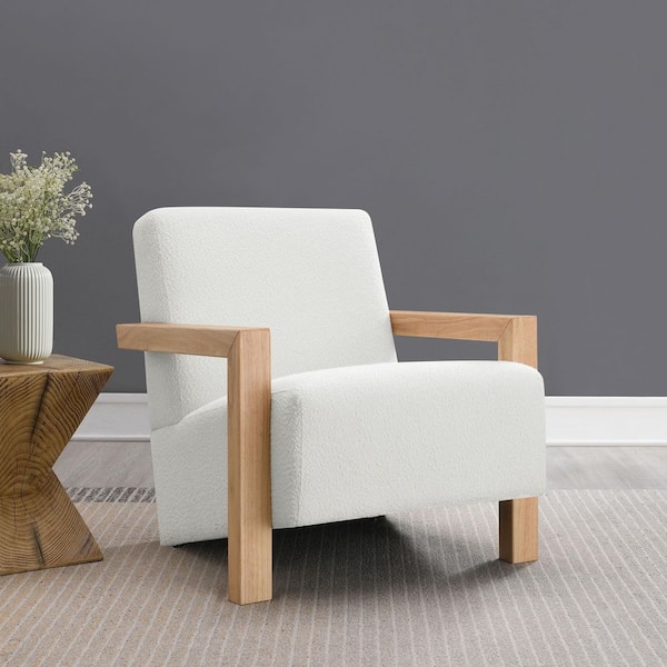 Fitzroy Ivory Boucle Upholstered Wooden Armrest Accent Arm Chair