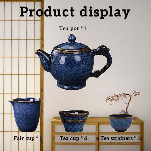 JFVKAF Porcelain Chinese Gongfu Tea Set 9-Piece Set Blue Glaze JFVKAF Porcelain Chinese Gongfu Tea Set 9-Piece Set Blue Glaze