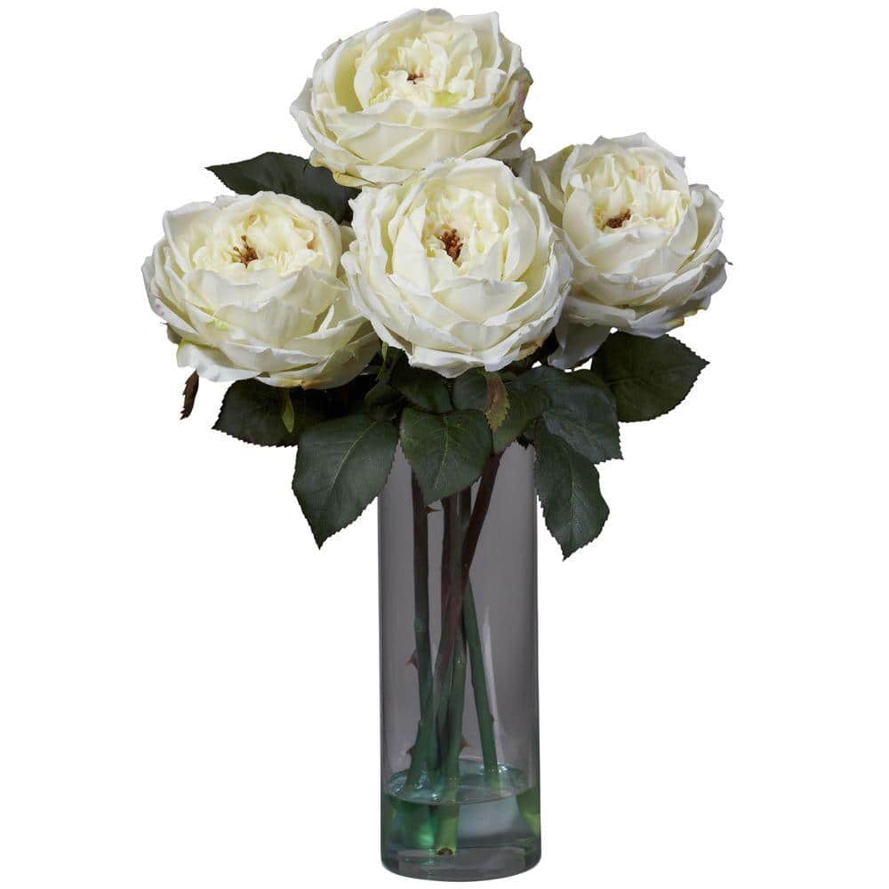 Nearly Natural 18 in. Artificial H White Fancy Rose with Cylinder Vase Silk Flower Arrangement The Rose is beauty and elegance personified. And that's exactly what you'll sense when you gaze upon this striking 5 bloom bouquet. Strong, green stems (replete with thorns) give way to a lush bed of leaves, from which the supple blooms burst. A beautiful cylinder vase with faux water completes the picture. Adds beauty to any room, and also makes a great gift.