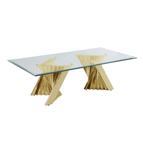 Best Quality Furniture Ozuna 55 in. Gold Rectangle Tempered Glass Top Coffee Table with Stainless Steel Base