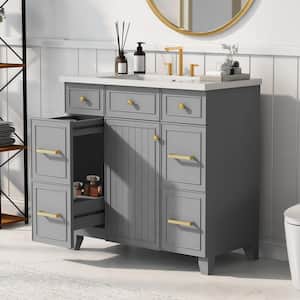 36 in. Grey Shaker Storage Solid Wood Cabinet Combo Set Freestanding Bathroom Vanity with White Sink Top, Drawer