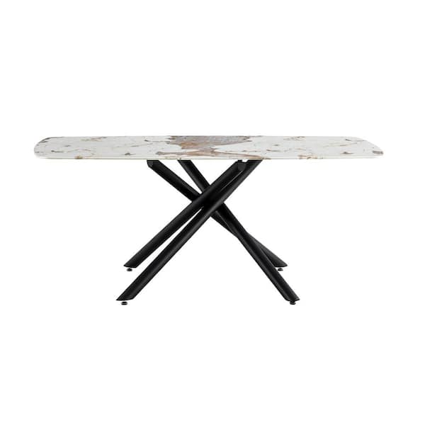 Polibi Black Faux Marble Top 70.87 in. Cross Legs Table Base Type Dining Table Seats 6