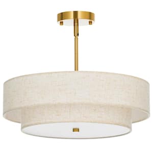 18 in. 4-Light Gold Semi-Flush Mount Ceiling Light Fixture Drum Pendant Light with 2-Layer Fabric Shade E26 Bases