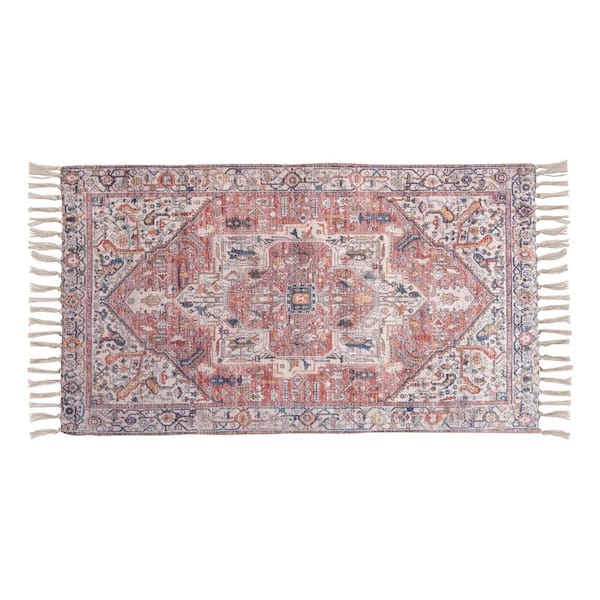 Chinille Fringe Machine Washable Blue/Red 2 ft. x 4 ft. Medallion Accent Area Rug