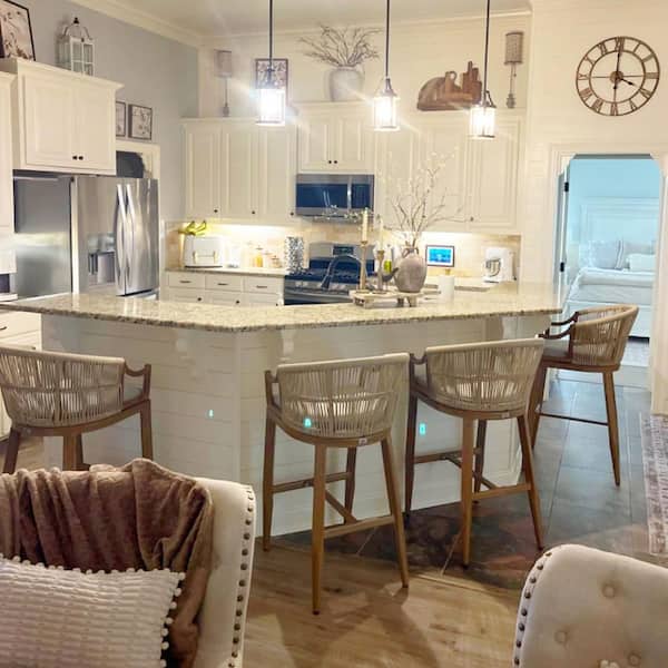 Modern Patio Wicker Metal Outdoor Bar Stool with Cushion, Backs and Ergonomic Armrest Balcony Garden Kitchen(4-Pack)