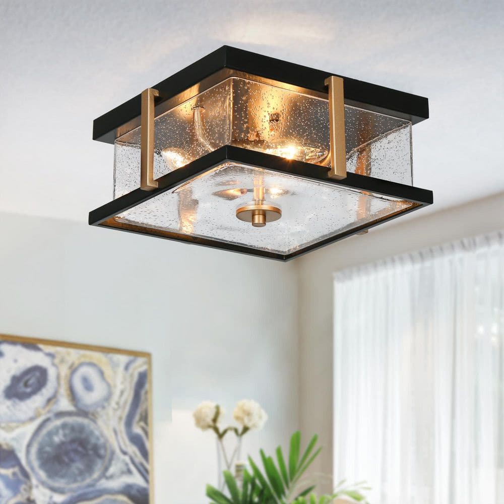 Farmhouse 3-Light Black Flush Mount Light with Square Seeded Glass, 12 in. Rustic Dark Gold Ceiling Light for Entryway price history on PriceWatchPro