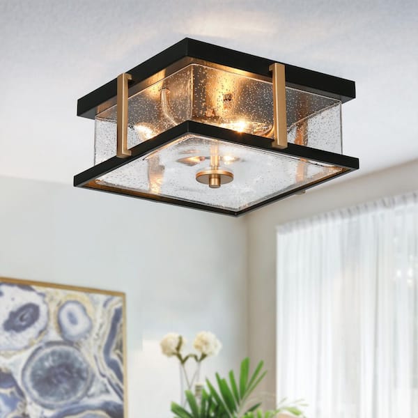 Farmhouse 3-Light Black Flush Mount Light with Square Seeded Glass, 12 in. Rustic Dark Gold Ceiling Light for Entryway