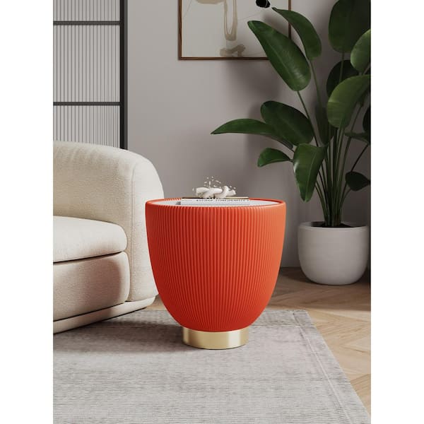 Anderson Modern 18.43 in. Orange Round Faux Marble Top Faux Leather Upholstered End Table