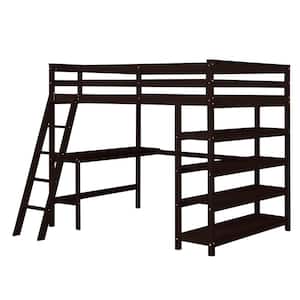 Espresso Full Size High Loft Bed, Study Kids Loft Bed, Loft Bed with Under-Bed Desk, Storage Shelves, Inclined Ladder
