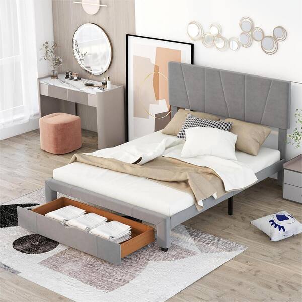 Polibi Gray Wood Frame Queen Size Upholstery Platform Bed With 1 Drawer