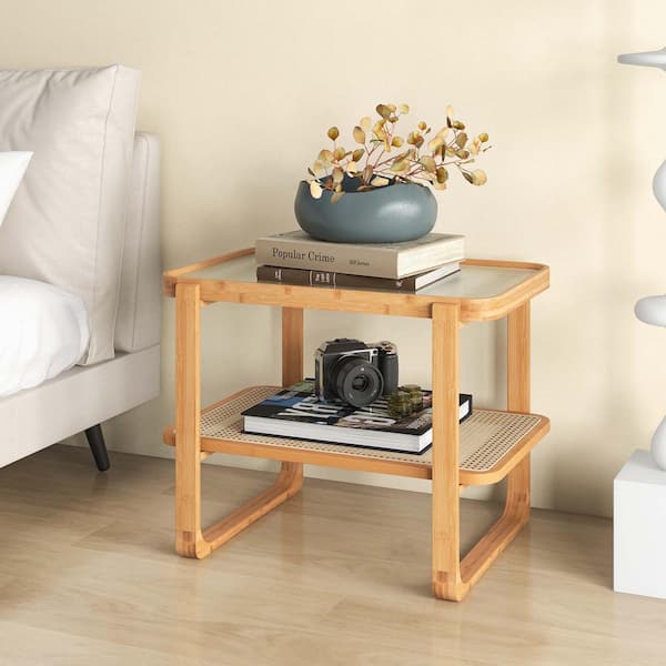 Costway 28 in. Natural Bamboo Side Table with Rattan Shelf Glass Top Nightstand Small Sofa End Table