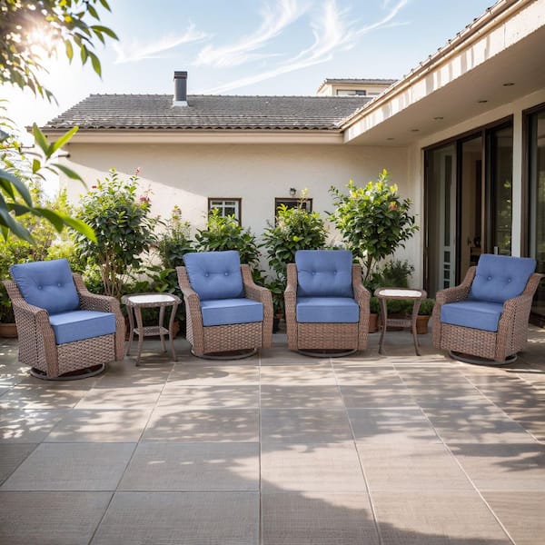 Artisan Brown 6-Piece Wicker Swivel Glider Patio Conversation Set with 6 in. Thick Navy Blue Cushions