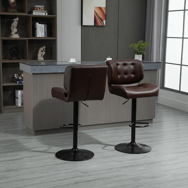 HOMCOM 45 in. Brown Low Back Metal Adjustable Bar Stool with Thick Padded Cushion Seat 2 Set of Included