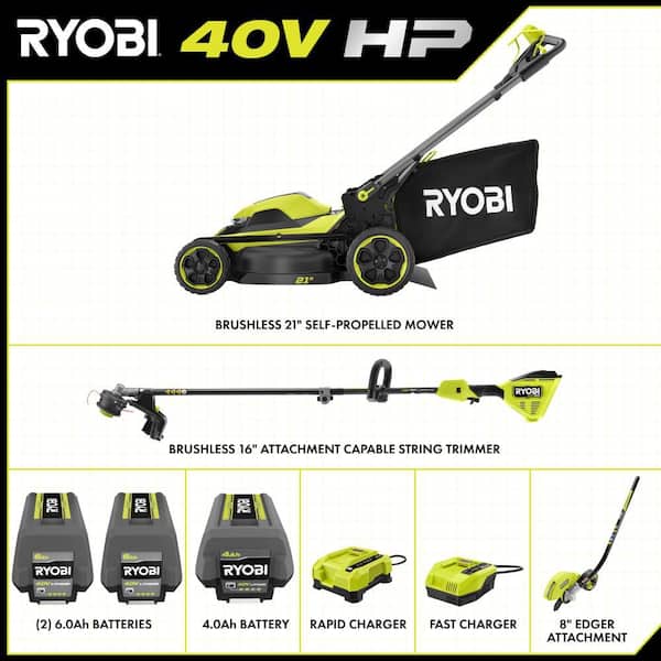 40V HP Brushless 21" Cordless Walk Behind Self-Propelled Mower, String Trimmer & Edger w/ (3) Batteries & (2) Chargers