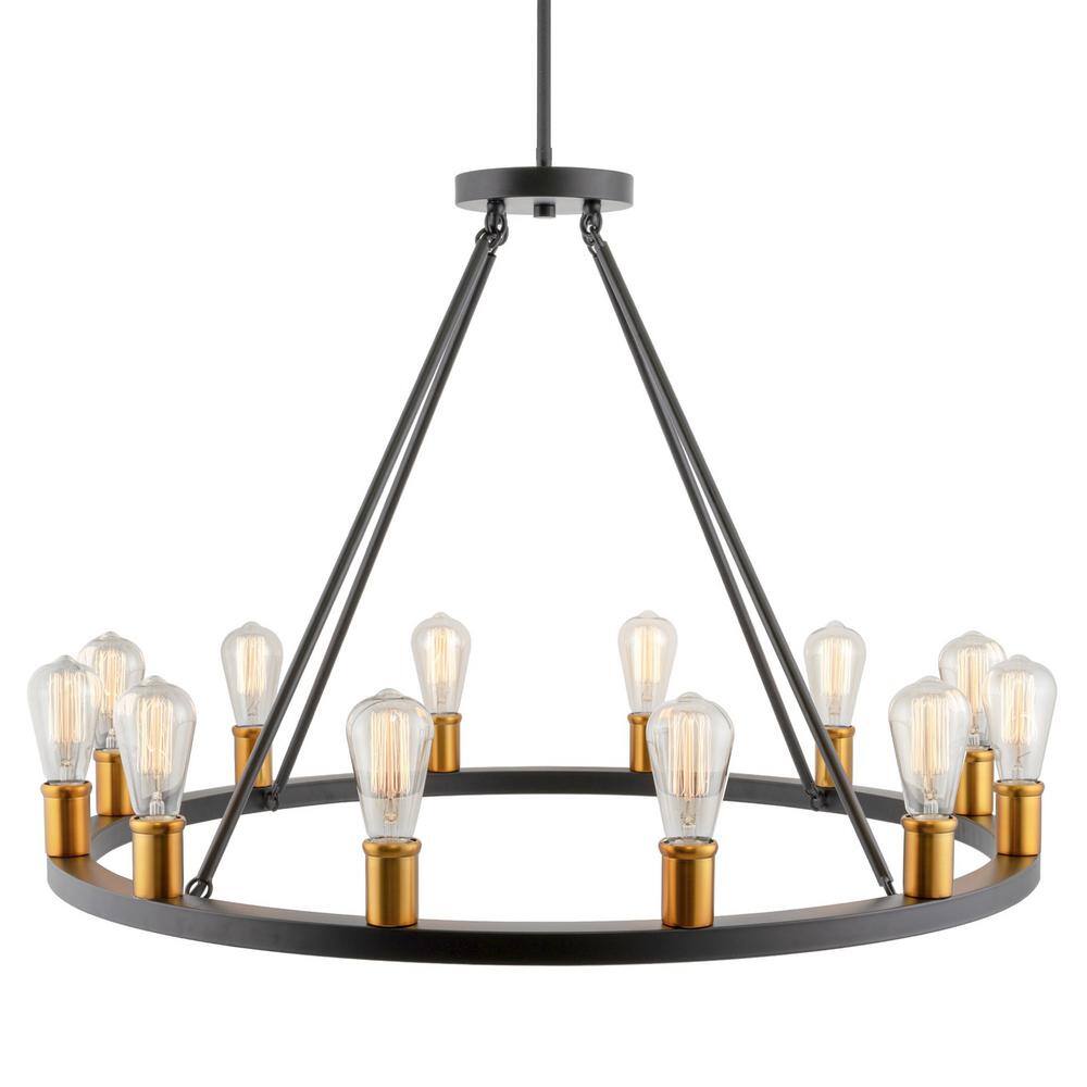 Jericho 36" Black Wagon Wheel Chandelier with Warm Brass Accents