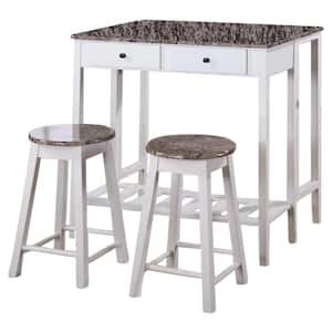 SignatureHome 3 Piece Pub Set, White Wood w/Marble Laminate Top, Table W/2 Stools, Table Dimensions: 32"W x 24"L x 33"H