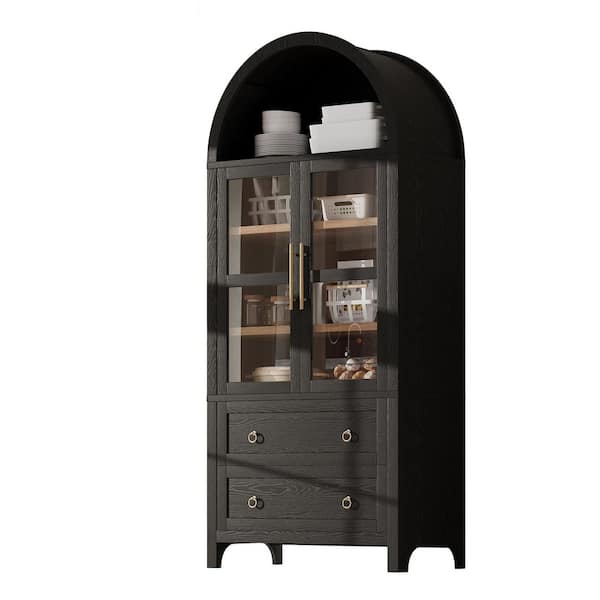 Farmhouse Black 71 in. Tall Arched Kitchen Pantry Cabinet, Cupboard with Glass Door, 2 Drawers and Adjustable Shelves