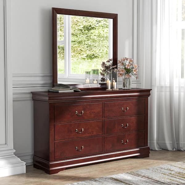 Furniture of America Alarcon 6-Drawer Cherry Dresser with Mirror (71.26 in. H x 58.38 in. W x 15.75 in. D)