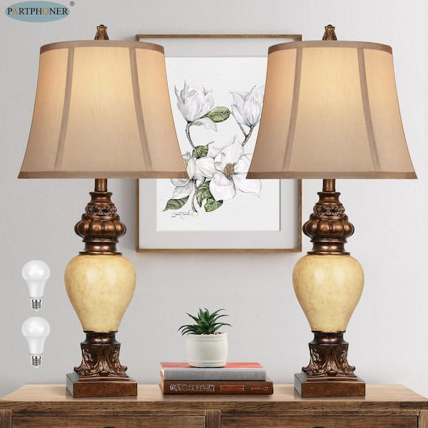 Jushua Traditional 28 in. H Table Lamp with Faux Silk Bell Shades, Vintage Bronze Bedside Lamps (2-Pack)