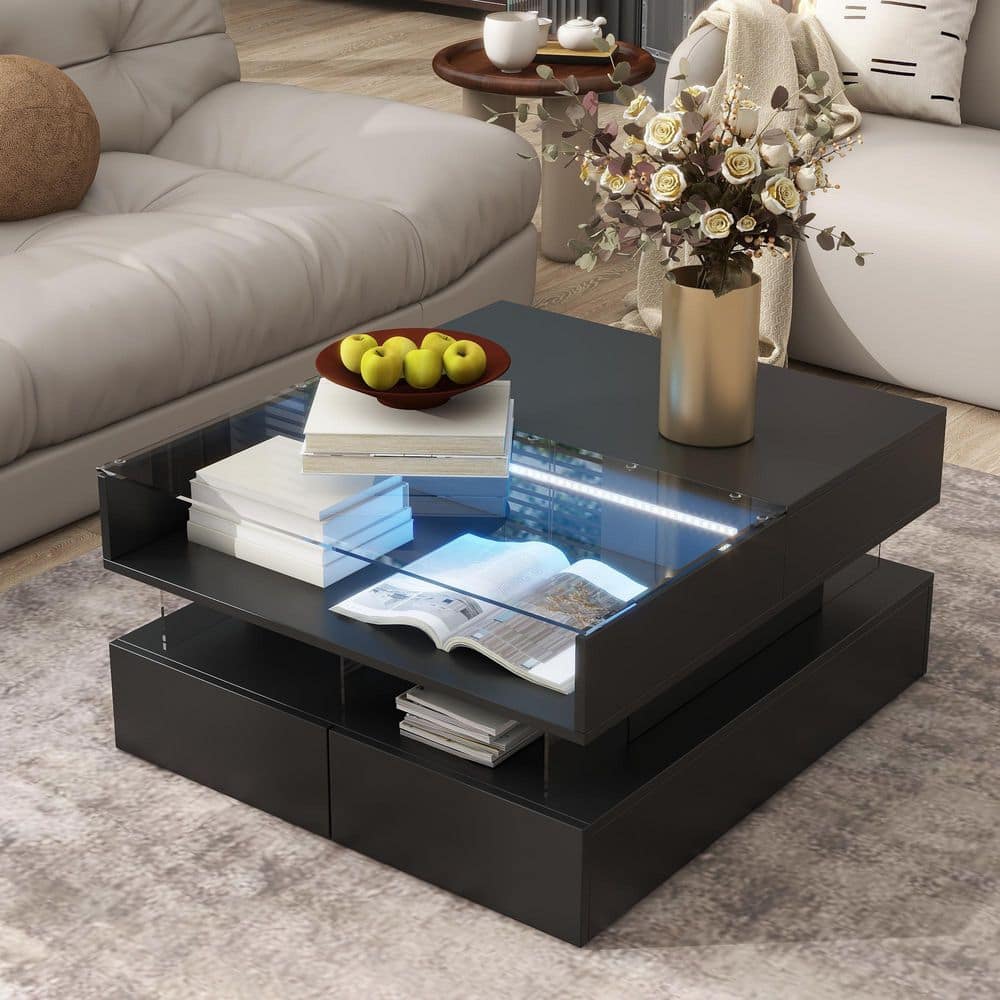 Harper & Bright Designs 29.5 in. Black Lift-Top Square Glass Top