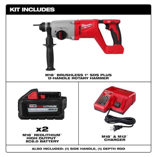 M18 18V Lithium-Ion Brushless Cordless 1 in. SDS-Plus D-Handle Rotary Hammer w/ Two 6.0 Ah Battery and Charger