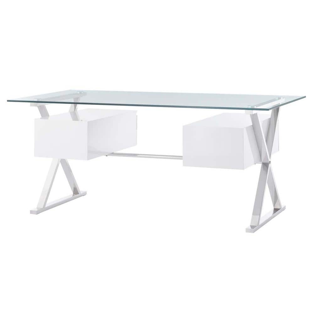 Elegant 71" White Glass Desk with Floating Drawers & Steel Frame