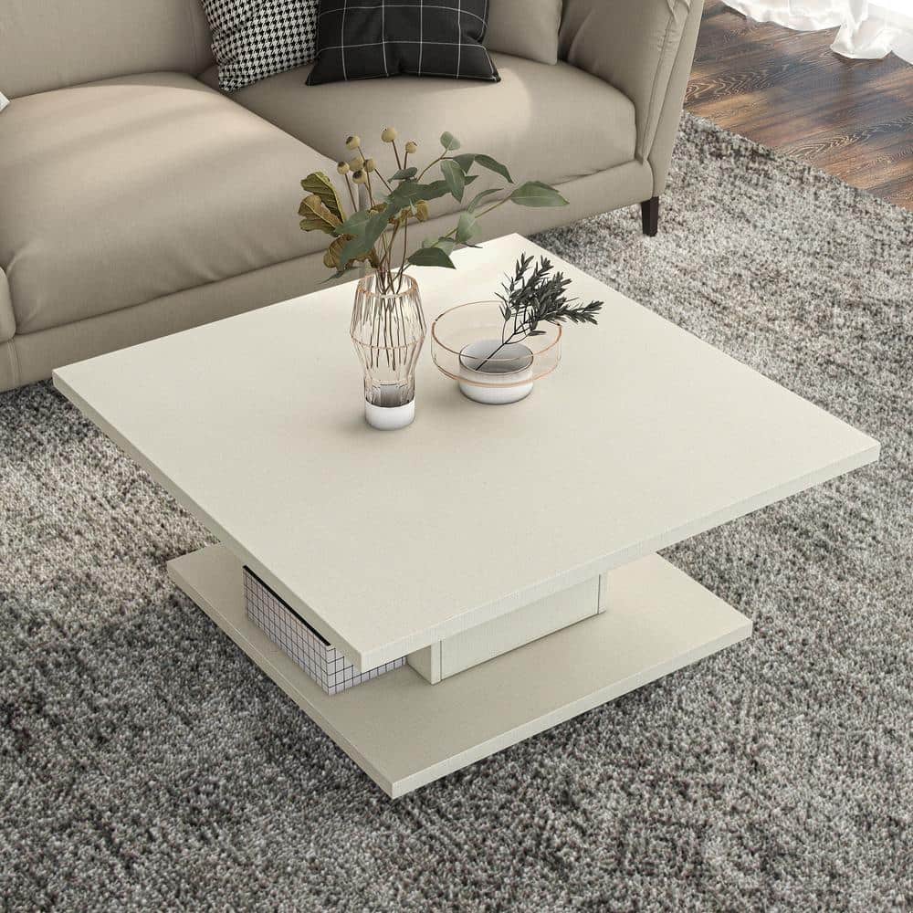 Cream Weave Square Wood Coffee Table with Hidden Storage