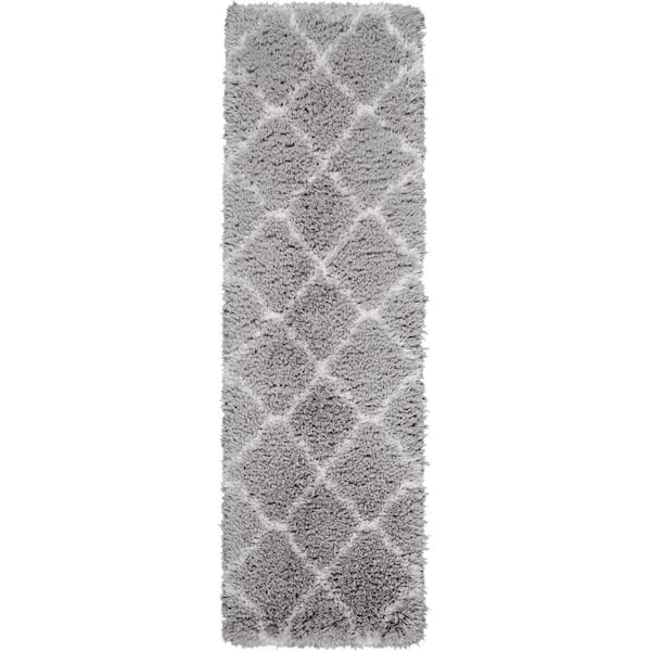 Nourison Ultra Plush Shag Grey/Ivory 2 ft. x 8 ft. Abstract Plush Contemporary Kitchen Runner Area Rug