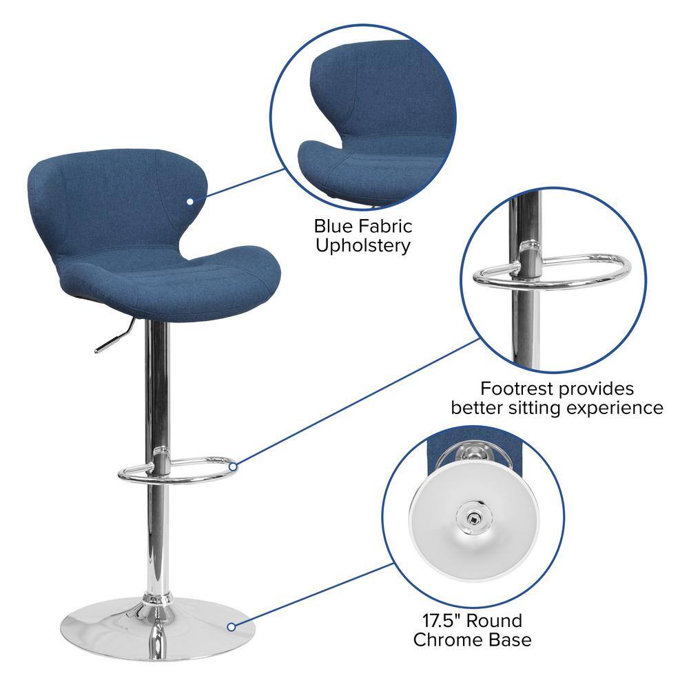 Curvaceous Blue Fabric and Chrome Adjustable Swivel Barstool