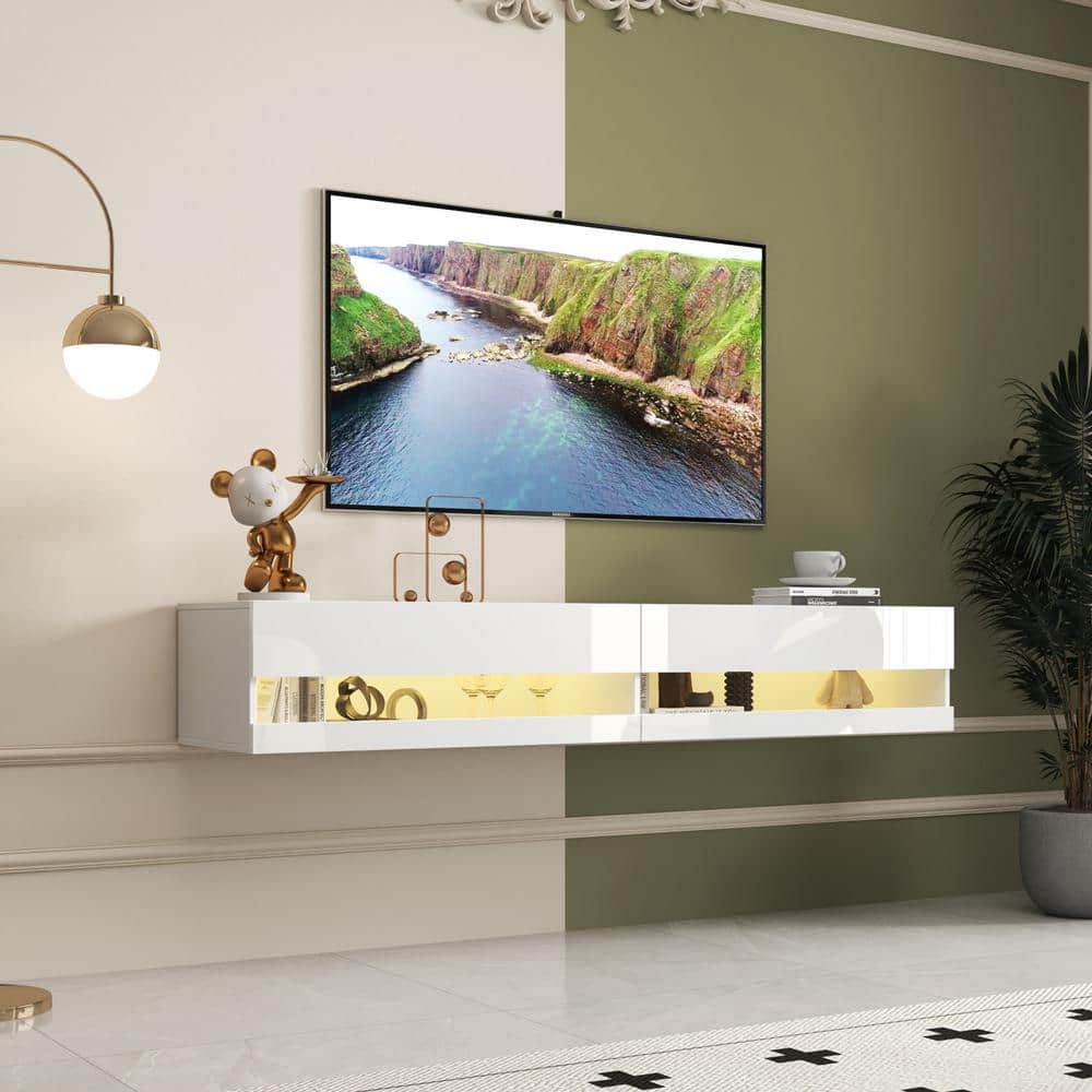 80 in. White Wall Mounted Floating TV Stand with 20 Colorful LED Lights and