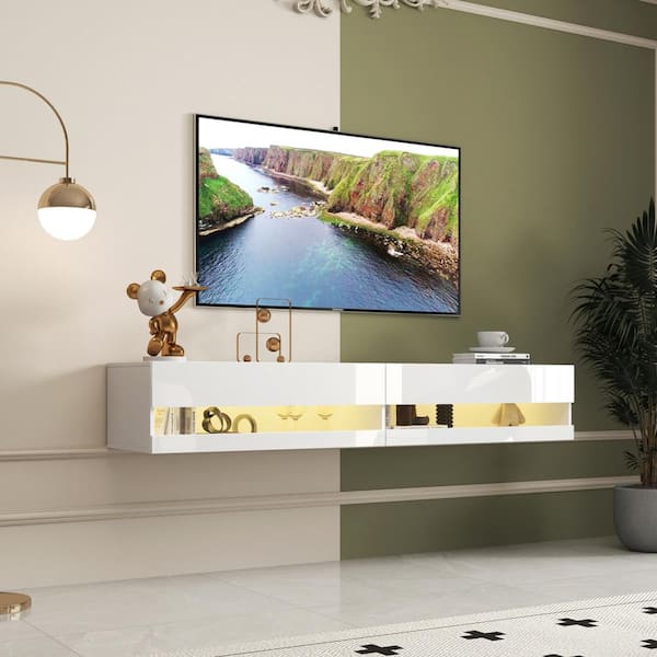 80 in. White Wall Mounted Floating TV Stand with 20 Colorful LED Lights and Charging Station
