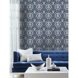 60.75 sq ft Navy Imperial Damask Non-Pasted Wallpaper