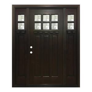 64 in. x 80 in. Craftsman Bungalow 6 Lite Right-Hand Inswing Hickory Stained Wood Prehung Front Door 12 in. Sidelites
