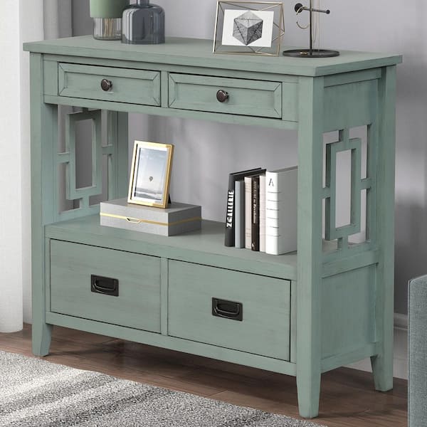 Inigo Farmhouse 36 in. Retro Blue Rectangle Wood Console Table with 4 Drawers and Storage Shelf