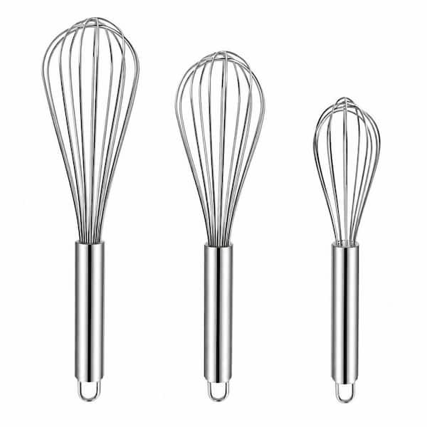 Stainless Steel Kitchen Whisk Set Wire Egg Beater Ergonomic Handle Easy Clean Multi-Purpose Cooking Tool 3 Pack, Silver
