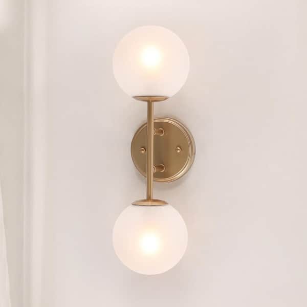 Gold Bathroom Vanity Light, 18 in. 2-Light Globe Wall Sconce with Frosted Glass Shades for Kitchen and Dining Room