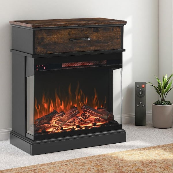 25 in. Freestanding Electric Fireplace, Stand Side Table With 3-Sided Glass Fireplace Insert in Antique Black