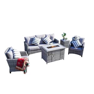 Maxwell 5-Pieces Wicker Patio Fire Pit Sectional Seating Set with Gray Cushions