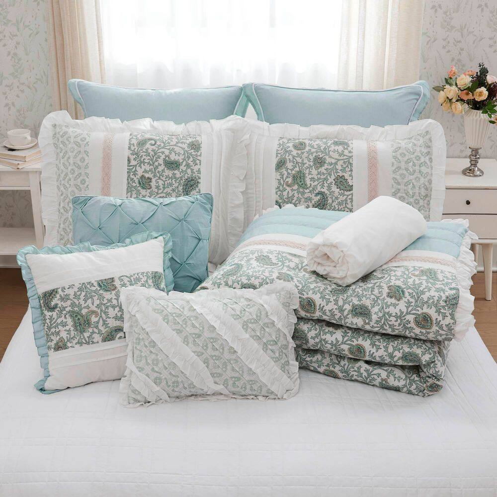 California King Blue Cotton Floral Comforter Set