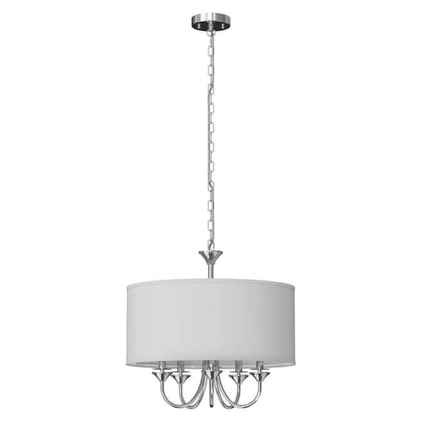 20 in. 5-Light Chrome Candle Style Empire Chandelier with Fabric Shades for Home Lighting