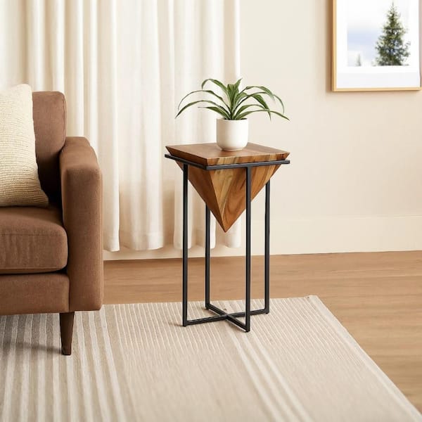 Ida 15 in. Brown and Black Square Wooden Side Table with Cross Metal Base
