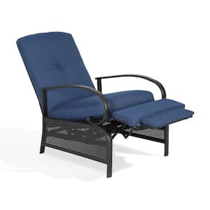 Black Adjustable Steel Outdoor Reclining Lounge Chair with Navy Cushion