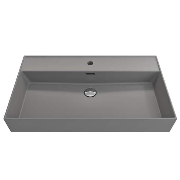 BOCCHI Milano Wall-Mounted Matte Gray Fireclay Rectangular Bathroom Sink 32 in. 1-Hole with Overflow
