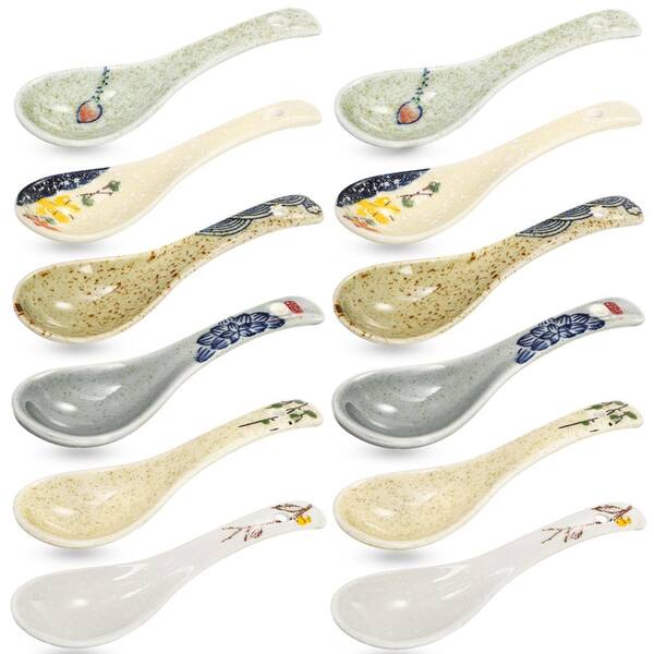 Set of 12 Ceramic Asian Soup Spoons with Retro Hand-Painted Lotus and Wave Patterns, 5.5 in. Long Set