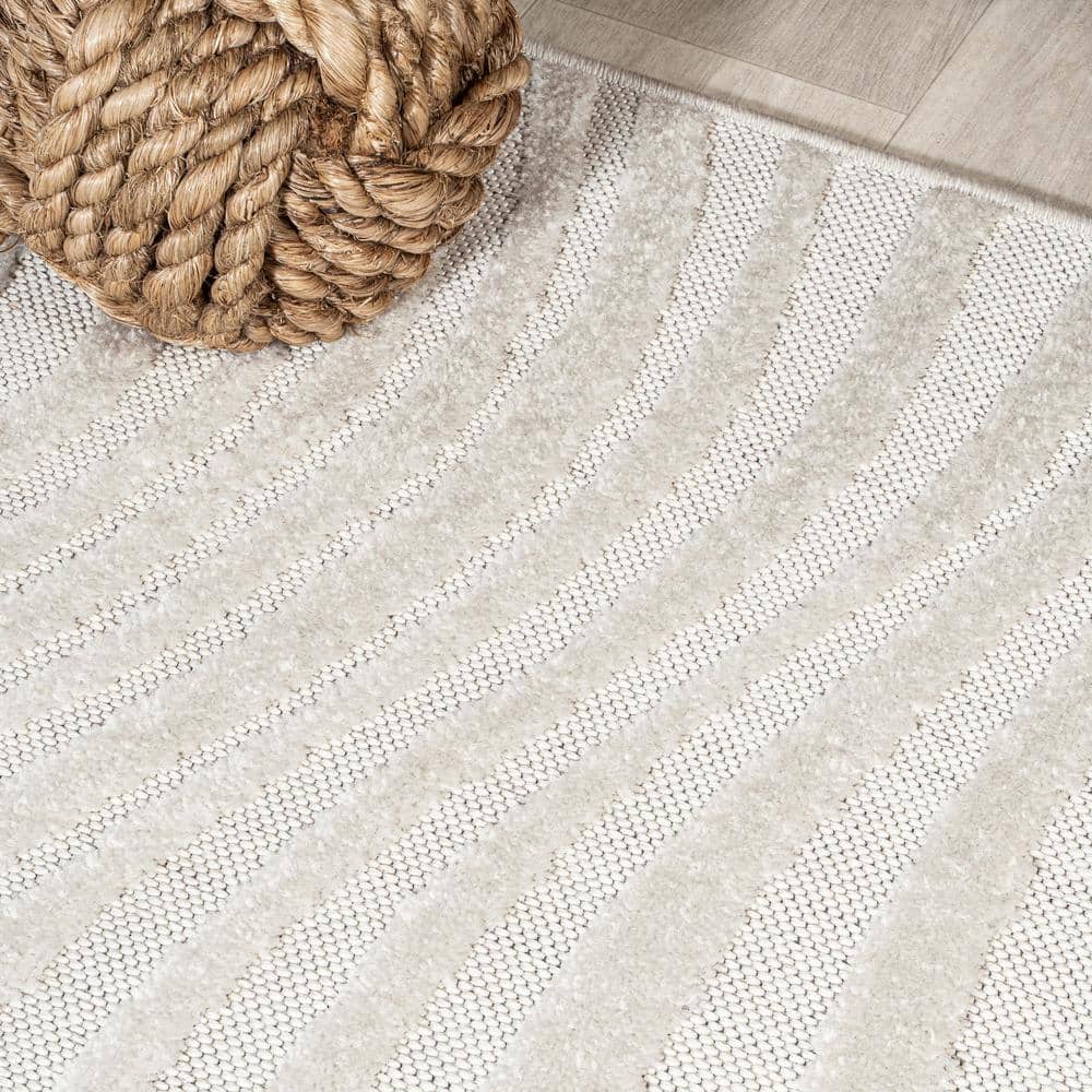 Ivory and Cream High-Low Striped 8' x 10' Synthetic Area Rug